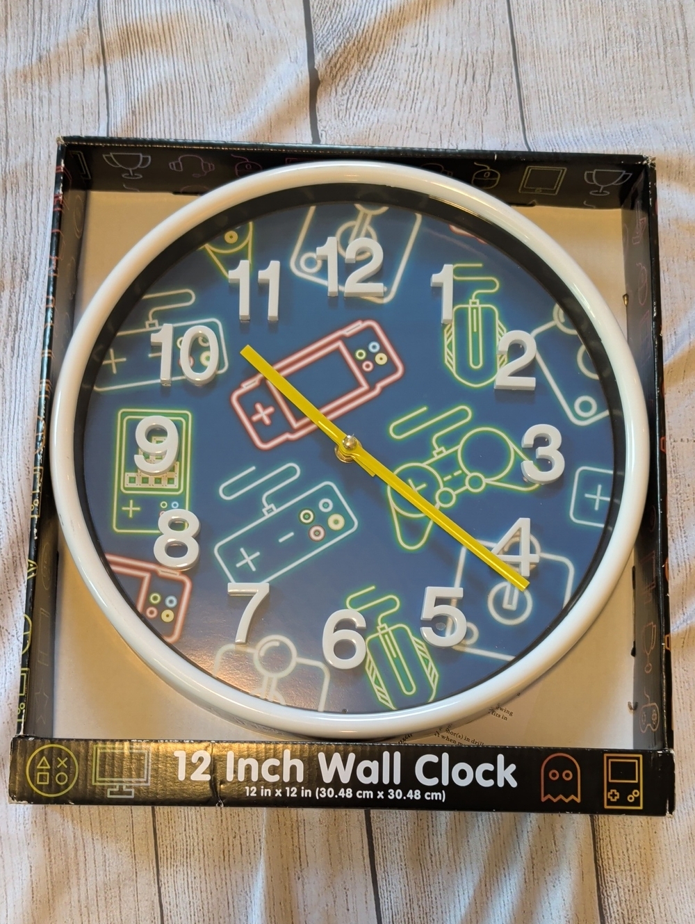 12-Inch White Gaming Wall Clock with Yellow Hands